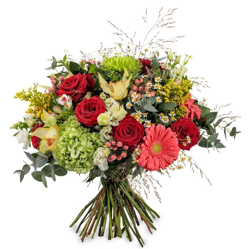 Big bouquet with roses, orchids, gerberas and eustoma